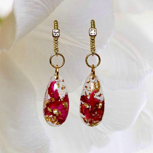 Rose Rouge - Red Flower 24K Gold Hoop Earrings